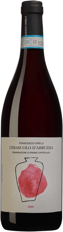 En glasflaska med Francesco Cirelli Cerasuolo d'Abruzzo Amphora 2023, en rosévin från Abruzzerna i Italien
