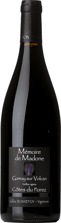 En glasflaska med Les Vins de la Madone Gilles Bonnefoy Mémoire de Madone Gamay sur Volcan 2023, ett rött vin från Frankrike