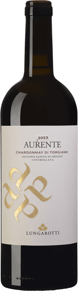 En glasflaska med Lungarotti Aurente Chardonnay 2023, ett vitt vin från Umbrien i Italien