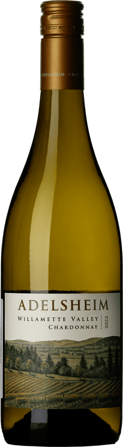En glasflaska med Adelsheim Willamette Valley Chardonnay 2022, ett vitt vin från Oregon i USA