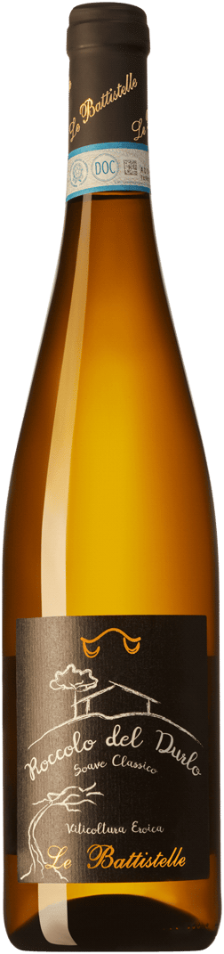 En glasflaska med Le Battistelle Roccolo del Durlo Soave Classico 2022, ett vitt vin från Venetien i Italien