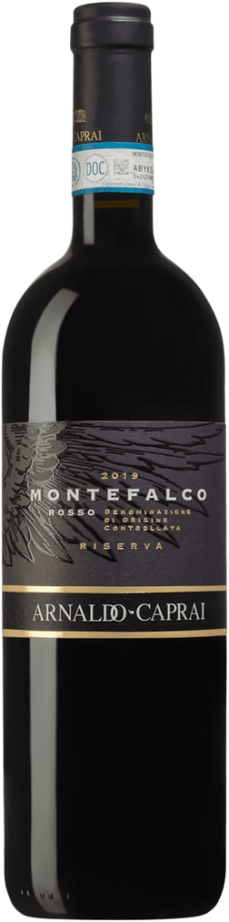 En glasflaska med Arnaldo Caprai Montefalco Rosso Riserva 2019, ett rött vin från Umbrien i Italien