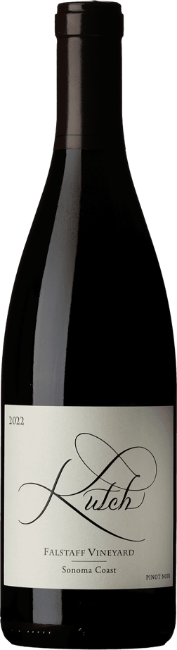 En glasflaska med Kutch Falstaff Vineyard Pinot Noir 2022, ett rött vin från Kalifornien i USA