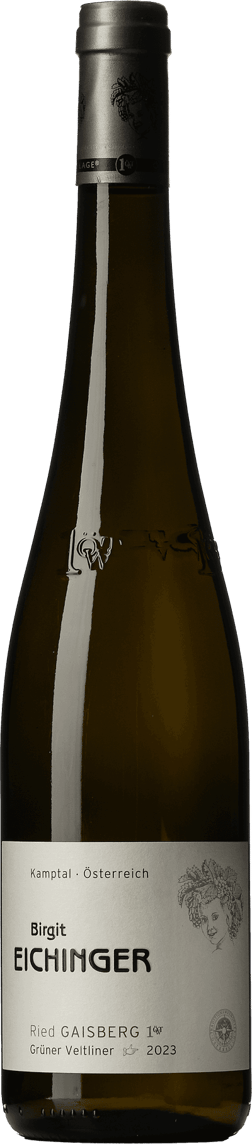 En glasflaska med Birgit Eichinger Ried Gaisberg Erste Lage Grüner Veltliner 2023, ett vitt vin från Niederösterreich i Österrike