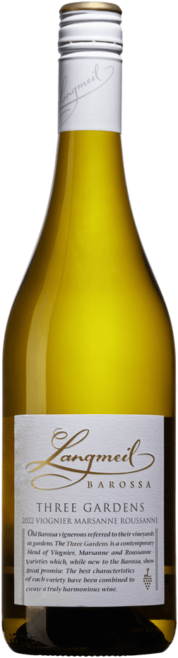 En lättare glasflaska med Langmeil Three Gardens Viognier Marsanne Roussanne 2023, ett vitt vin från South Australia i Australien