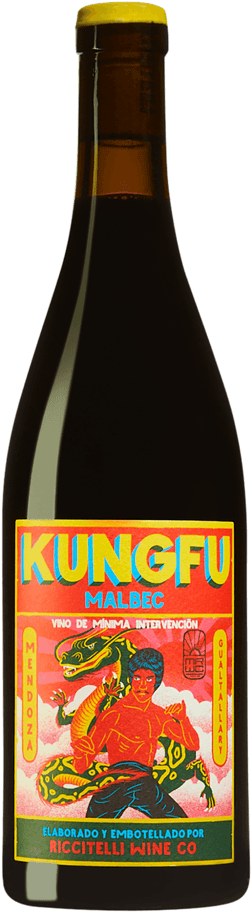 En glasflaska med Riccitelli Wines Kung Fu Malbec 2023, ett rött vin från Cuyo i Argentina