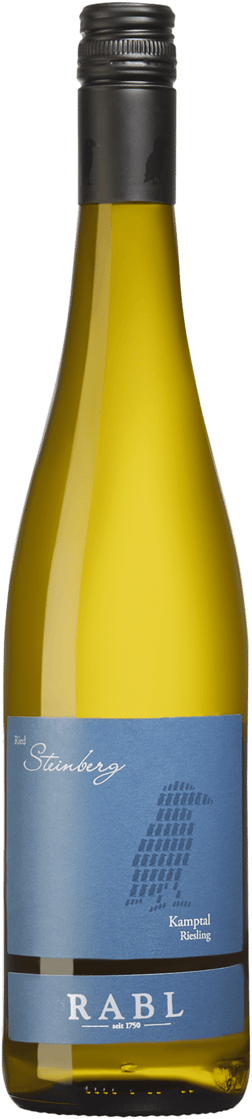 En glasflaska med Rabl Steinberg Riesling 2024, ett vitt vin från Niederösterreich i Österrike