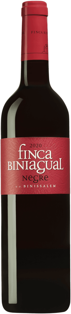 En glasflaska med Finca Biniagual Negre 2020, ett rött vin från Balearerna i Spanien