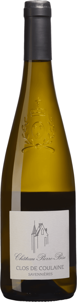 En glasflaska med Chatêau Pierre-Bise Savenniéres Clos de Coulaine 2020, ett vitt vin från Loiredalen i Frankrike