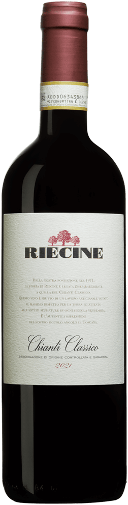 En glasflaska med Riecine Chianti Classico 2021, ett rött vin från Toscana i Italien