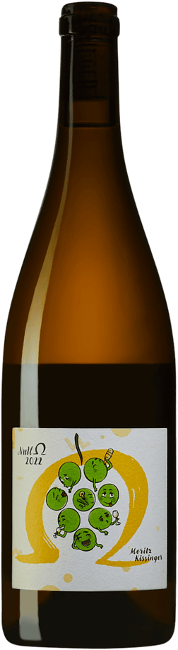 En glasflaska med Moritz Kissinger Ohm O White 2022, ett vitt vin från Rheinhessen i Tyskland
