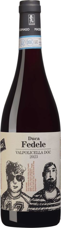 En lättare glasflaska med Massimago Duca Fedele Valpolicella 2023, ett rött vin från Venetien i Italien