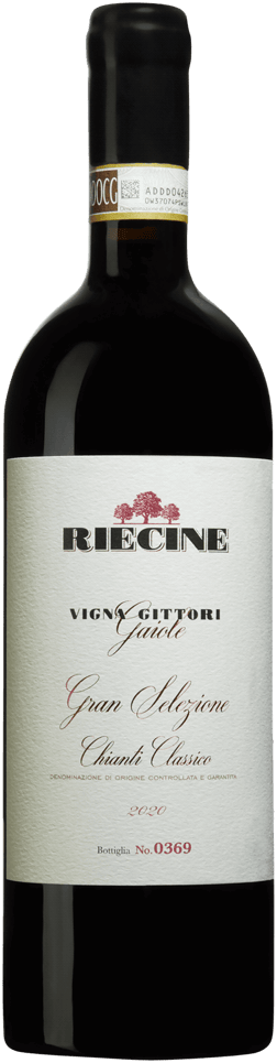 En glasflaska med Riecine Chianti Classico Gran Selezione Vigna Gittori 2020, ett rött vin från Toscana i Italien