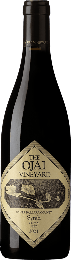 En glasflaska med Ojai Clima Frio Syrah 2023, ett rött vin från Kalifornien i USA