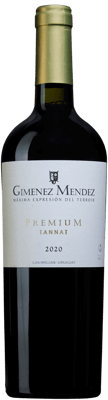 En glasflaska med Gimenez Mendez Premium Tannat 2018, ett rött vin från Canelones i Uruguay
