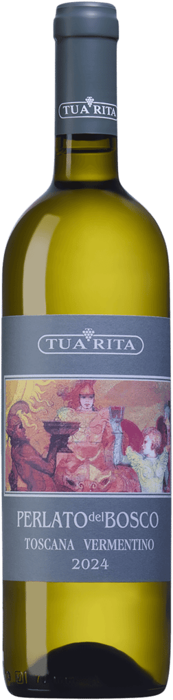 En glasflaska med Tua Rita Perlato del Bosco Vermentino 2024, ett vitt vin från Toscana i Italien