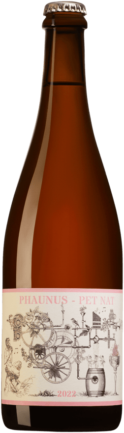 En glasflaska med Aphros Phaunus PET NAT Rosé 2022, en mousserande från Portugal