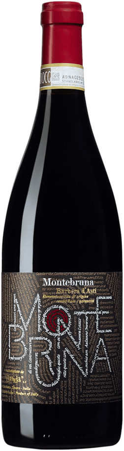 En glasflaska med Montebruna Barbera d'Asti Braida 2022, ett rött vin från Piemonte i Italien