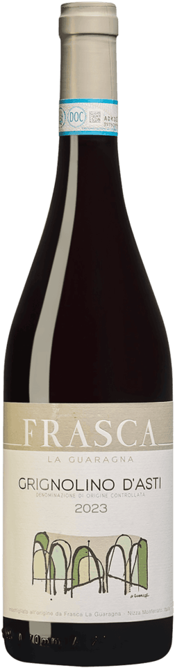En glasflaska med Frasca Grignolino d'Asti 2023, ett rött vin från Italien