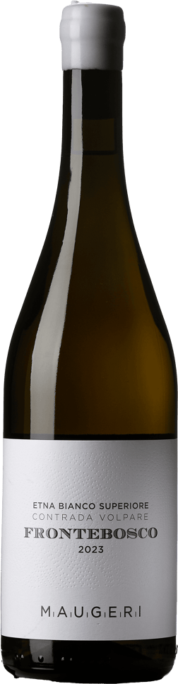 En glasflaska med Contrada Volpare Frontebosco 2023, ett vitt vin från Sicilien i Italien