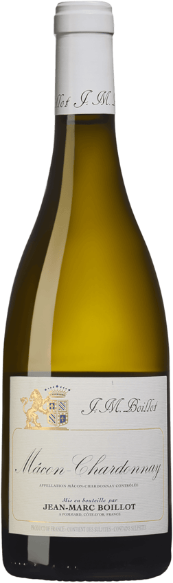 En glasflaska med Jean-Marc Boillot Mâcon Chardonnay 2023, ett vitt vin från Bourgogne i Frankrike