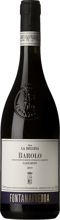 En glasflaska med Fontanafredda Barolo Vigna La Delizia Lazzarito 2019, ett rött vin från Piemonte i Italien