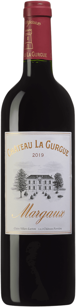 En glasflaska med Chateau La Gurgue 2019, ett rött vin från Bordeaux i Frankrike