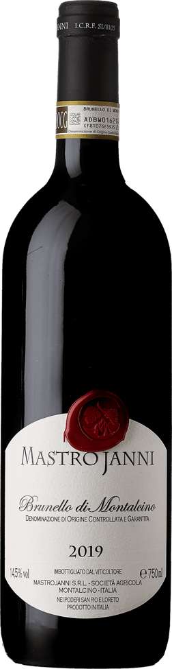 En glasflaska med Mastrojanni Brunello di Montalcino 2019, ett rött vin från Toscana i Italien