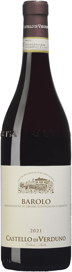 En lättare glasflaska med Castello di Verduno Barolo 2021, ett rött vin från Piemonte i Italien