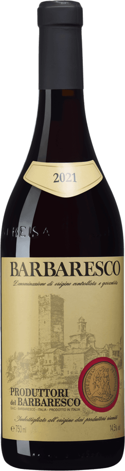 En glasflaska med Produttori del Barbaresco 2021, ett rött vin från Piemonte i Italien