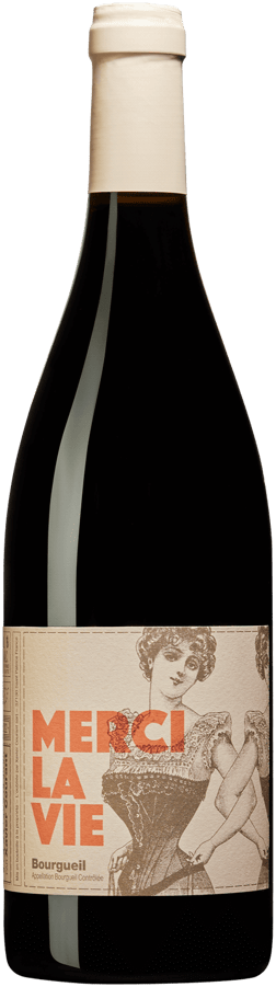 En glasflaska med Domaine de L'oubliée Merci la Vie 2022, ett rött vin från Loiredalen i Frankrike