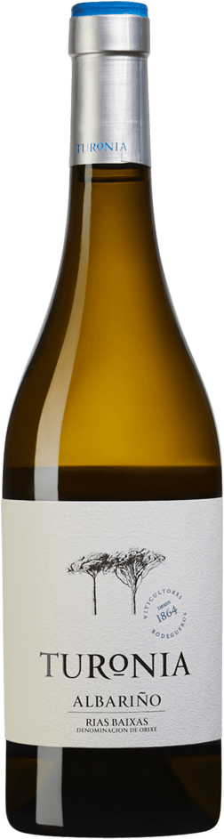 En glasflaska med Quinta de Couselo Turonia Albarino 2022, ett vitt vin från Galicien i Spanien