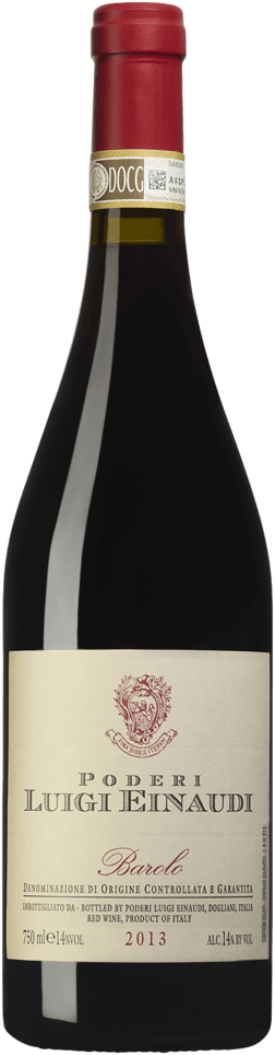 En glasflaska med Luigi Einaudi Barolo 2013, ett rött vin från Piemonte i Italien