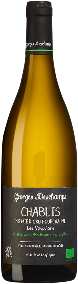 En glasflaska med Domaine Vrignaud Georges Deschamps Chablis 1er Cru Fourchaume Les Vaupulans 2022, ett vitt vin från Bourgogne i Frankrike