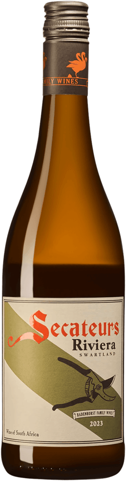 En glasflaska med Badenhorst Family Wines Secateurs Riviera 2023, ett vitt vin från Western Cape i Sydafrika