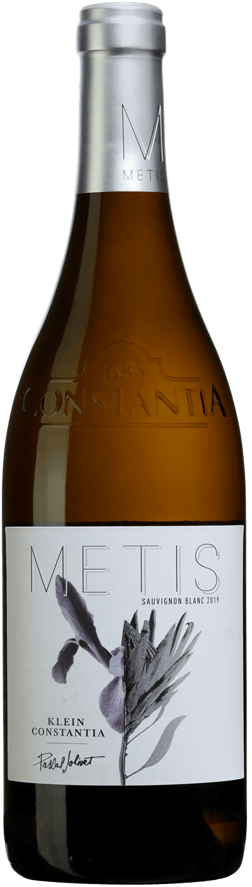 En glasflaska med Klein Constantia Metis Sauvignon Blanc 2019, ett vitt vin från Western Cape i Sydafrika
