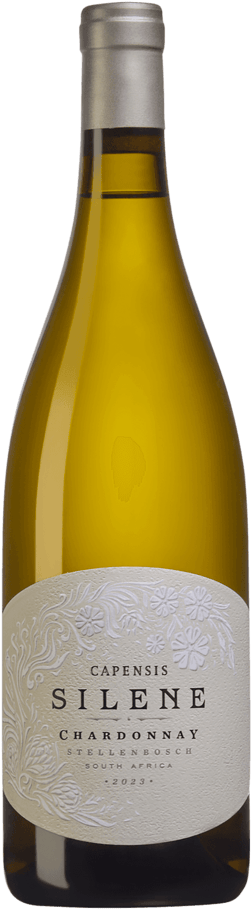 En glasflaska med Capensis Silene Chardonnay 2023, ett vitt vin från Western Cape i Sydafrika