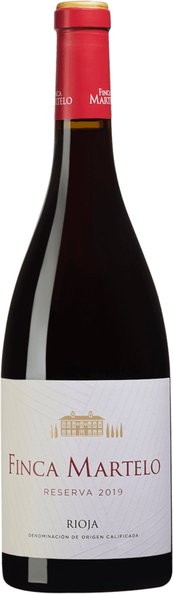 En glasflaska med La Rioja Alta Finca Martelo Reserva Torre de Oña 2019, ett rött vin från Rioja i Spanien