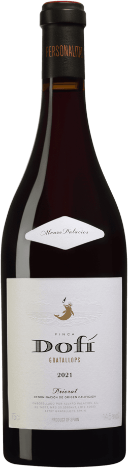 En glasflaska med Álvaro Palacios Finca Dofí 2021, ett rött vin från Katalonien i Spanien