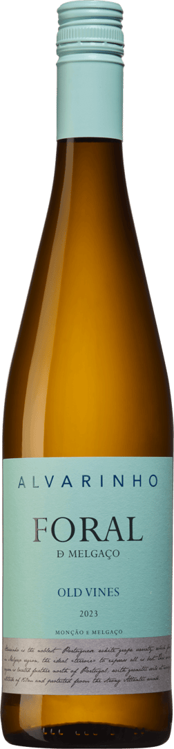 En lättare glasflaska med Quinta do Regueiro Foral de Melgaço Alvarinho Colheita 2023, ett vitt vin från Vinho Verde i Portugal