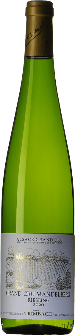 En glasflaska med Trimbach Riesling Grand Cru Mandelberg 2020, ett vitt vin från Alsace i Frankrike