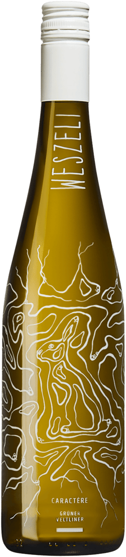En lättare glasflaska med Weszeli Caractère Grüner Veltliner 2023, ett vitt vin från Niederösterreich i Österrike