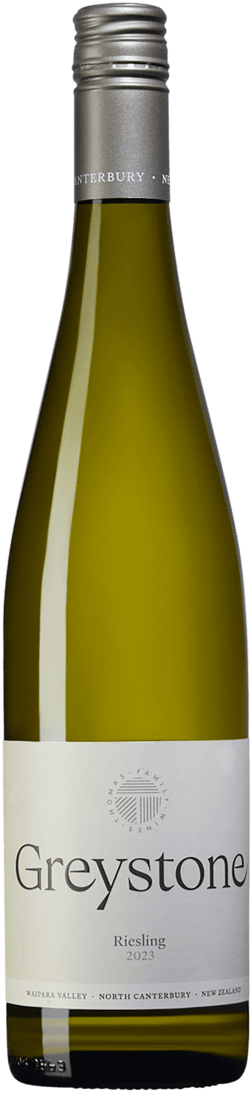 En glasflaska med Greystone Riesling 2023, ett vitt vin från Canterbury i Nya Zeeland