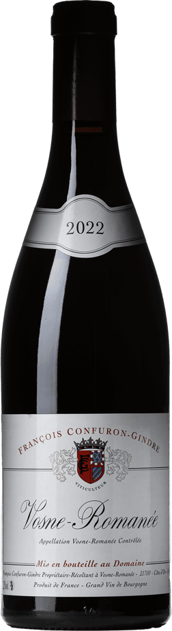 En glasflaska med Domaine Confuron-Gindre Vosne-Romanée 2022, ett rött vin från Bourgogne i Frankrike