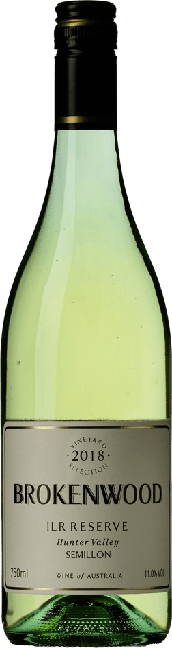 En glasflaska med Brokenwood ILR Reserve Semillon 2018, ett vitt vin från New South Wales i Australien