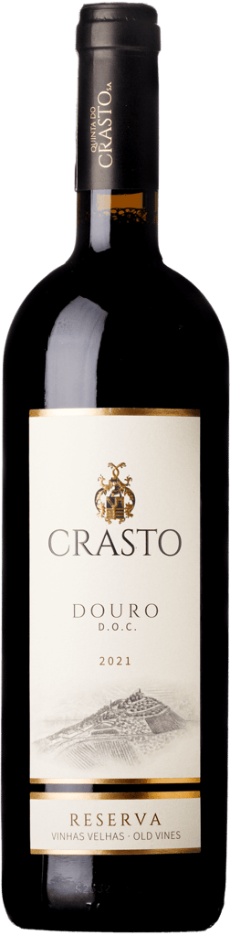 En glasflaska med Quinta do Crasto Reserva Old Vines 2021, ett rött vin från Douro i Portugal