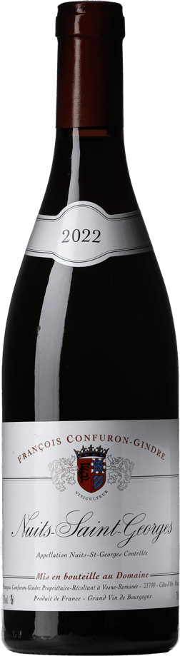 En glasflaska med Domaine Confuron-Gindre Nuits-Saint-Georges 2022, ett rött vin från Bourgogne i Frankrike