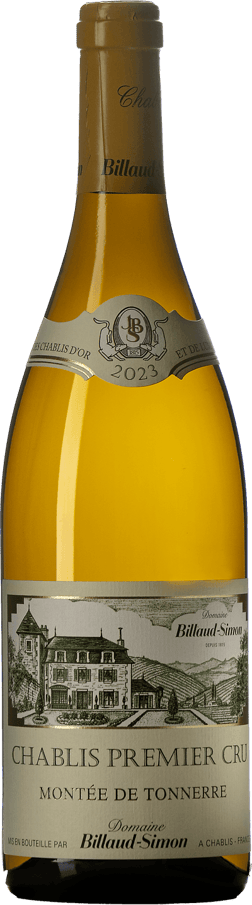 En glasflaska med Billaud-Simon Premier Cru Montée de Tonnerre 2023, ett vitt vin från Bourgogne i Frankrike