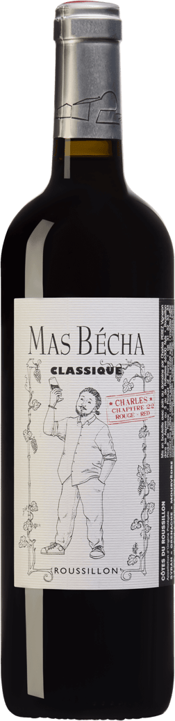En glasflaska med Mas Bécha Classique 2022, ett rött vin från Languedoc-Roussillon i Frankrike