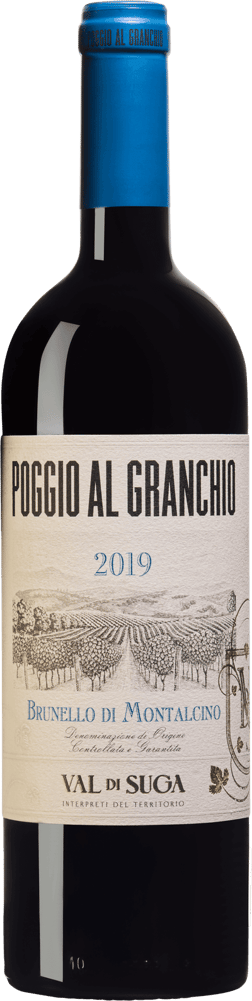 En glasflaska med Tenimenti Angelini Val di Suga Poggio al Granchio Brunello di Montalcino 2019, ett rött vin från Toscana i Italien